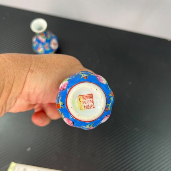 Pair Of Mini Chinese Porcelain Vases Floral Motif & Calligraphy Multicolor 3” - Picture 6 of 9